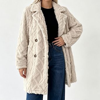 Women Reversible Fuzzy Fleece Coat, Lapel Collar Button‑Front Mid‑Length Open Cardigan Jacket