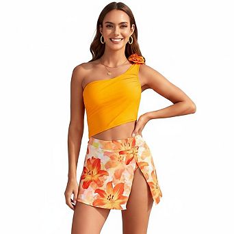 Women One‑Shoulder 2 pc Tankini Set Crop Swim Top with Printed Wrap Swim Skirt