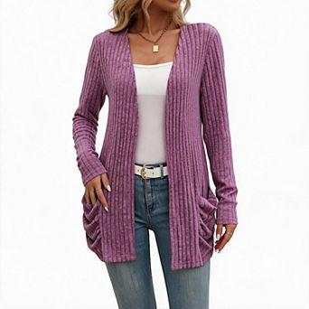 Women Ribbed Knit Open‑Front Cardigan Long Sleeve Mid‑Length Knit Coat with Side Pockets