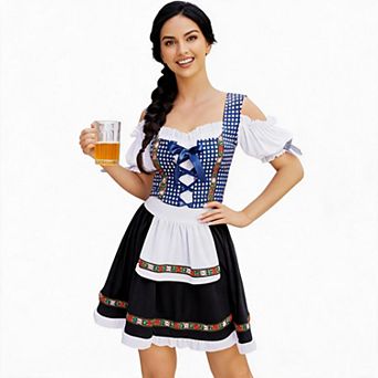 Womens Oktoberfest Dirndl Dress Off Shoulder Puff Sleeve Apron Halloween Party Costume