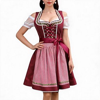 Dirndl Dress Women Oktoberfest Outfit Cold Shoulder Bavarian Costume With Apron And Waist Sash