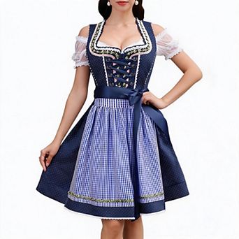 Dirndl Dress Women Oktoberfest Outfit Cold Shoulder Bavarian Costume With Apron And Waist Sash