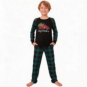 Boys Christmas Pajama Set Raglan Sleeve Truck Print Buffalo Plaid Sleepwear With Side Pockets