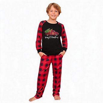 Boys Christmas Pajama Set Raglan Sleeve Truck Print Buffalo Plaid Sleepwear With Side Pockets