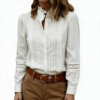 Women's Stand Collar Long Sleeve Button Up Vintage Shirt Blouse