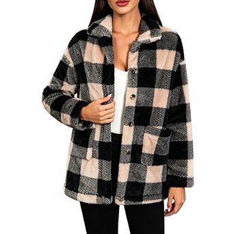 Women Plaid Jacket Long Sleeve Button Down Lapel Collar Casual Outerwear with Pockets