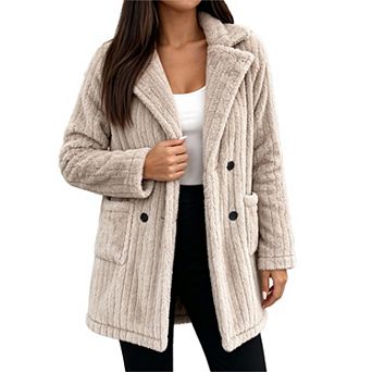 Women Lapel Open Front Fuzzy Jacket Long Sleeve Casual Outerwear with Pockets