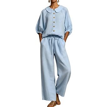 Women's Cotton Linen 29 pc Casual Outfit Set Lantern Sleeve Shirt Drawstring Waist Wide‑Leg Pants