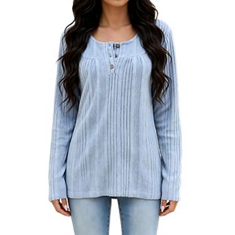 Womens Long Sleeve Henley Shirts Fall Fashion Clothing Casual Pleated Button v Neck Tops
