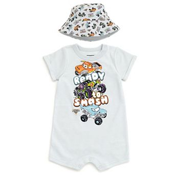 Monster Jam One Piece Romper and Bucket Hat Set