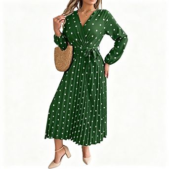 Women's V-Neck Polka Dot Color-Block Pleated A-Line Dress