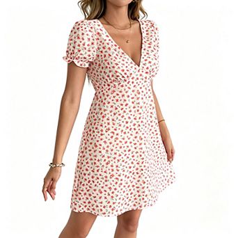 Women's Floral V-Neck Puff Sleeve High-Waist A-Line Mini Dress