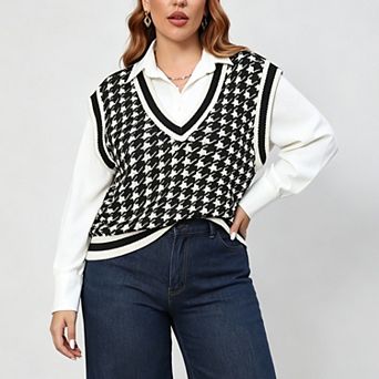 Women's Plus Size Sweater Vest Houndstooth Pattern V Neck Knitted Vest Sleeveless Pullover Sweaters