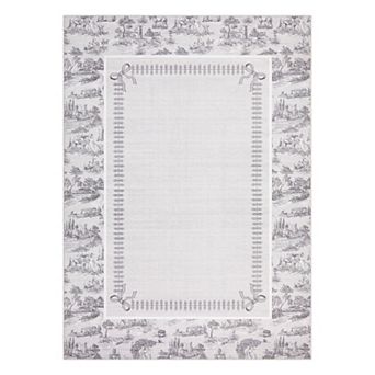 Toile de Jouy Machine Washable Area Rug with Non-Slip Rubber Backing Soft Low-Pile Farmhouse Carpet