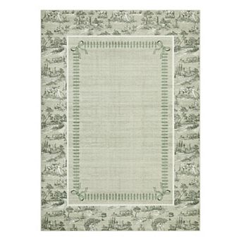 Toile de Jouy Machine Washable Area Rug with Non-Slip Rubber Backing Soft Low-Pile Farmhouse Carpet