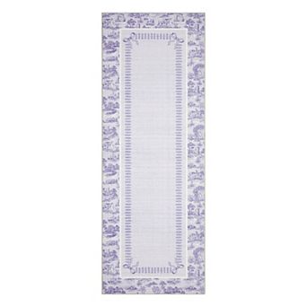 Toile de Jouy Machine Washable Area Rug with Non-Slip Rubber Backing Soft Low-Pile Farmhouse Carpet