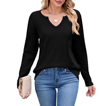 Waffle Knit Tops for Women Long Sleeve Solid Notch Neck Casual Relaxed Fit Shirt