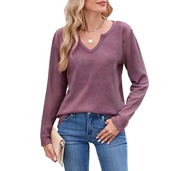 Waffle Knit Tops for Women Long Sleeve Solid Notch Neck Casual Relaxed Fit Shirt