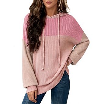 Women Hoodies Color Block Oversized Sweatshirt Long Sleeve Drawstring Casual Fall Tops
