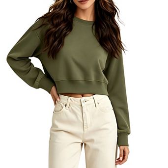 Cropped Sweatshirt for Women Long Sleeve Solid Color Oversized Crewneck Pullover Tops