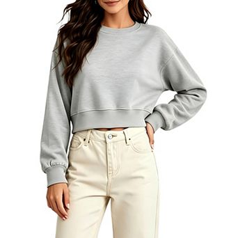 Cropped Sweatshirt for Women Long Sleeve Solid Color Oversized Crewneck Pullover Tops