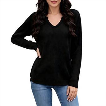Long Sleeve Tops for Women Notch Neck Fall Tops Cute Casual Waffle Loose Fitted Sweatshirt
