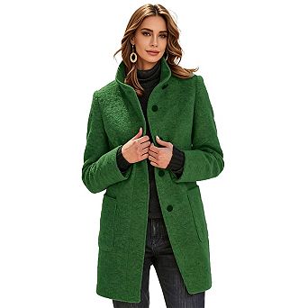 Women’s Long Sleeve Solid Color Wool Blend Coat with Stand Collar and Button Closure