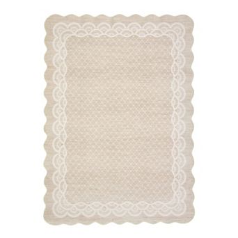 Scalloped Lace Border Machine Washable Area Rug Non-Slip Non-Shedding Carpet for Bedroom Entryway