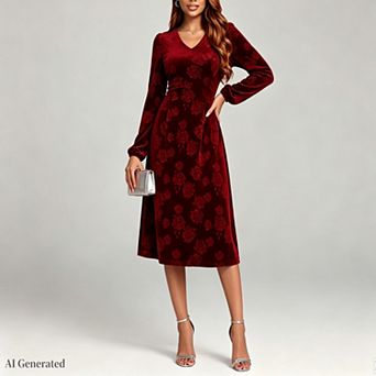 Women's Plus Size Floral Velvet Midi Dress V Neck Long Sleeve Elegant Dress