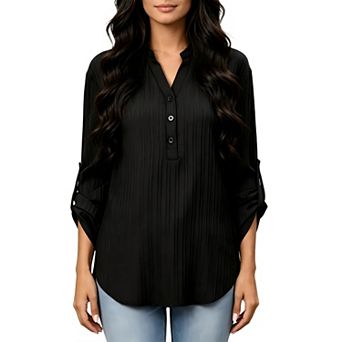 Womens Henley v Neck Shirts Roll Up 3/4 Sleeve Button Tops Casual Blouses Loose Fit Ruched Tunic Top
