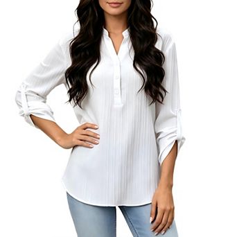 Womens Henley v Neck Shirts Roll Up 3/4 Sleeve Button Tops Casual Blouses Loose Fit Ruched Tunic Top