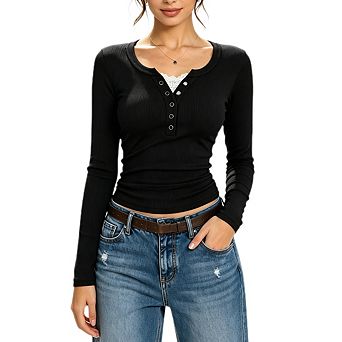 Womens Long Sleeve Henley Shirts Lace Trim Neck T-shirt Casual Fall Slim Fit Basic Tops
