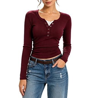 Womens Long Sleeve Henley Shirts Lace Trim Neck T-shirt Casual Fall Slim Fit Basic Tops