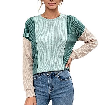 Womens Color Block Shirts Long Sleeve Round Neck Loose Fit Fall Tops Casual Work Tunic Tops