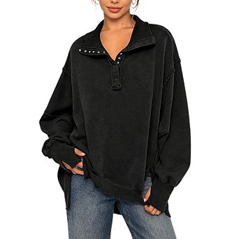 Oversized Sweatshirt for Women Fall Henley Shirt Collared Long Sleeve Sweatshirts Slit Pullover Top