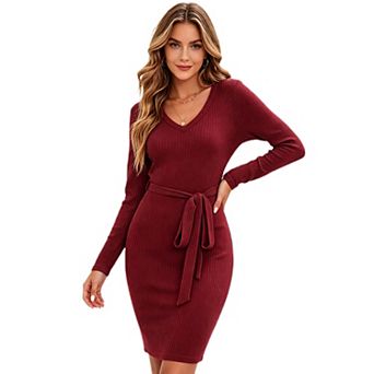 Women Ribbed Knit Midi Bodycon Sweater Dress with Belt