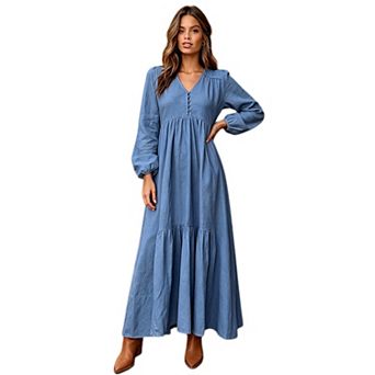 Women Button Front Tiered Flowy Maxi Dress