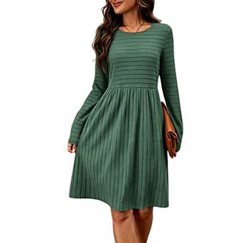 Womens Crew Neck Long Sleeve A- Line Pleated Casual Midi Slim Fit Dress