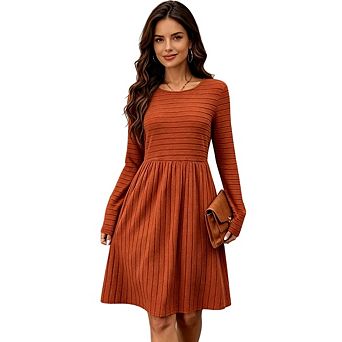 Womens Crew Neck Long Sleeve A- Line Pleated Casual Midi Slim Fit Dress