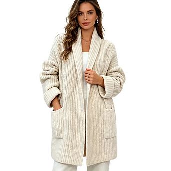 Women's V Neck Long Sleeve Open Front Knit Cardigan with Collar Cut Out Detail and Pockets