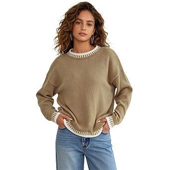 Women's Loose Fit Color Block Knit Pullover with Crew Neck and Long Sleeves