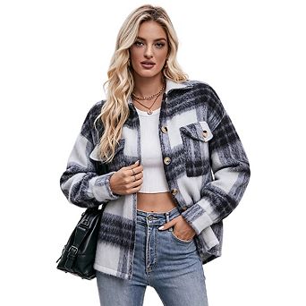Women's Short Plaid Wool Blend Flannel Shirt Jacket Long Sleeve Collared