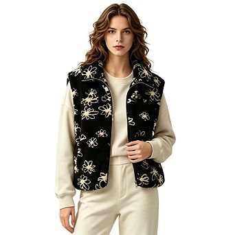 Women's Fashionable Sleeveless Faux Shearling Vest with Lapel and Floral Print