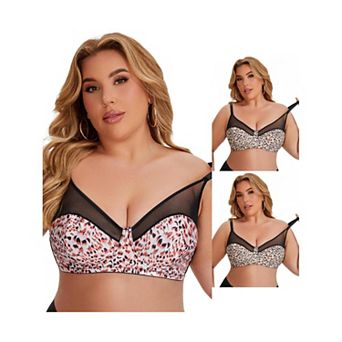 3 Packs Women's Bras Underwired Push Up Mesh See Through Leopard Print Supportive Bralette
