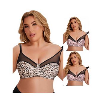 3 Packs Women's Bras Underwired Push Up Mesh See Through Leopard Print Supportive Bralette