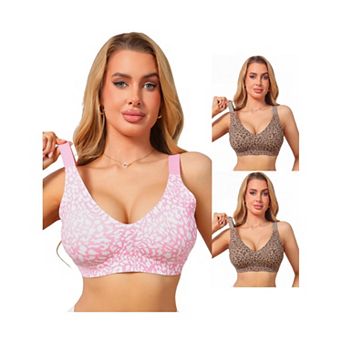 3 Packs Women's Leopard Print Deep V Bra Wireless Seamless Fixed Padding Soft Comfort Bralette