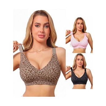 3 Packs Women's Leopard Print Deep V Bra Wireless Seamless Fixed Padding Soft Comfort Bralette