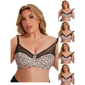 5 Packs Bras for Women Underwired Push Up Mesh See Through Leopard Print Supportive Bralette