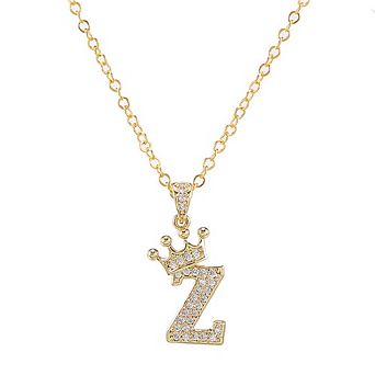 Gold Tone Cubic Zirconia Crown Initial Letter Pendant Necklace Dainty Alphabet Name Necklace