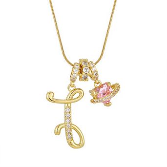Cursive Cubic Zirconia Initial Letter Pendant Necklace With Pink Heart And Planet Charms